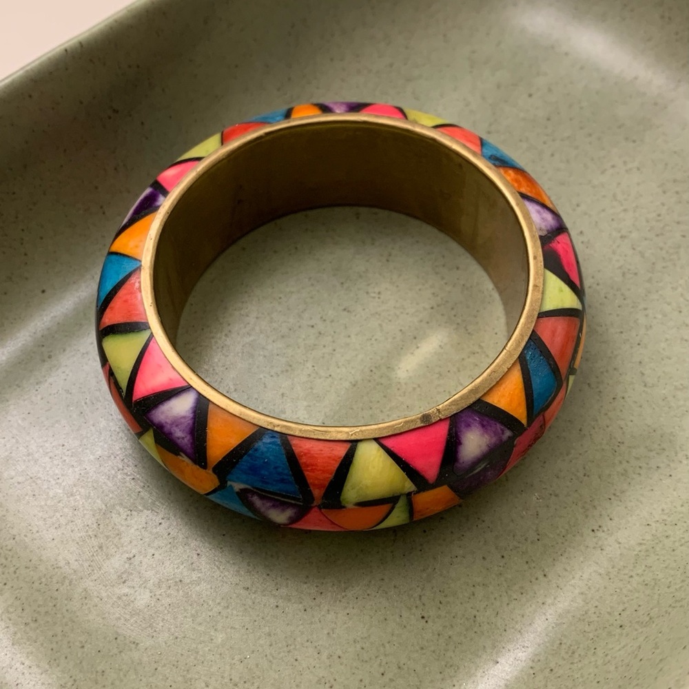 vintage Multi-coloured bone & brass bangle